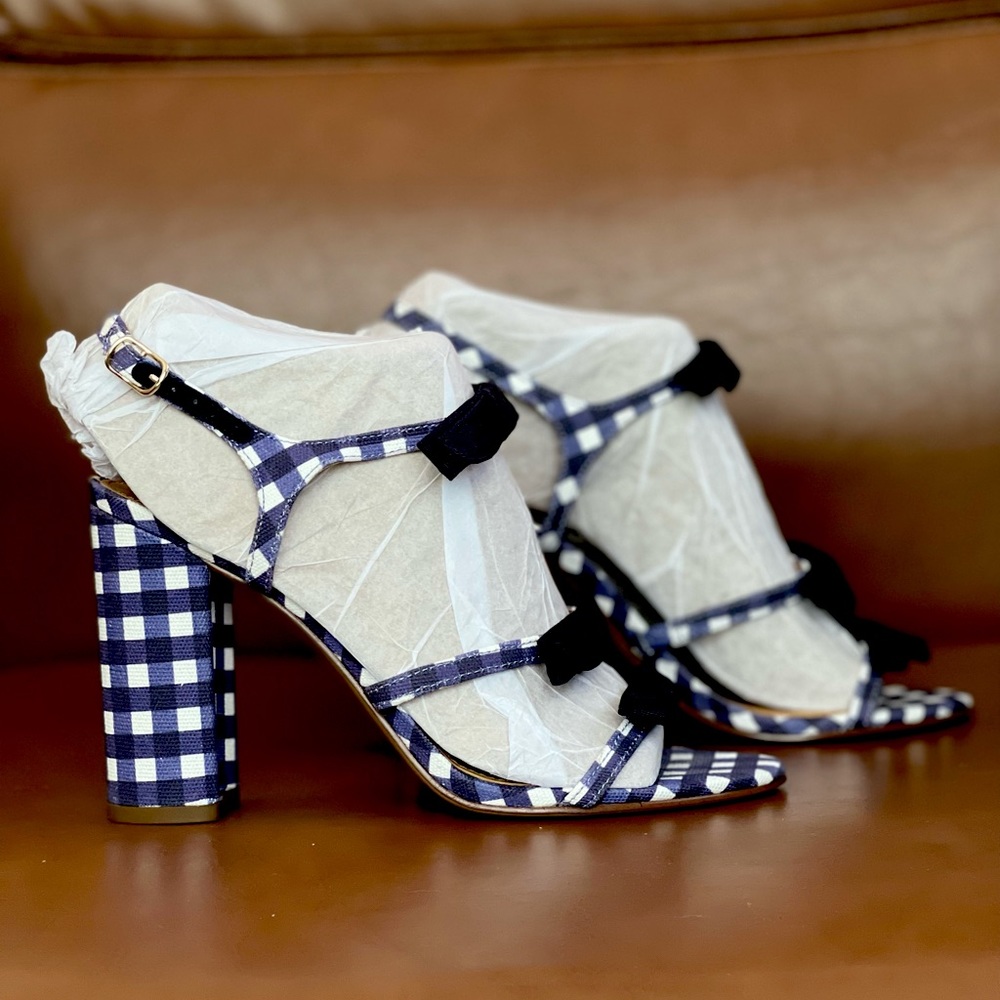 JCREW Gingham canvas heel sandals with bows - size 6.5 NWOT